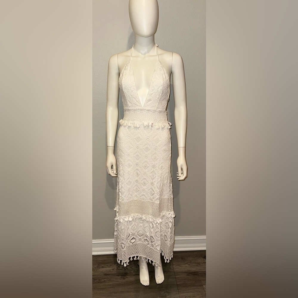 NIGHTCAP Free People *Lima* white crochet lace midi dress w tassels L - Picture 8 of 13